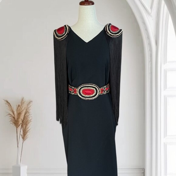 Vtg La Perla Black Beaded Epaulet Long Fringe Scoop Open Back Dress IT 44 US 8 - Picture 3 of 15